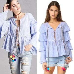 English Factory Blue Pom Pom Tie Boho Blouse Tiered Sleeve Size S